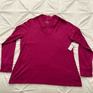 Long sleeve magenta t-shirt with fancy neck line.
